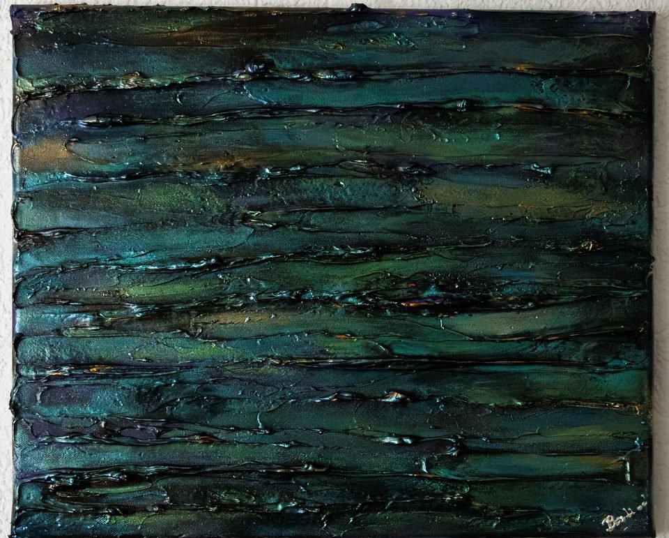 Aurora — toile abstraite horizontale en vert profond et bleu pétrole, en strates épaisses et brillantes.