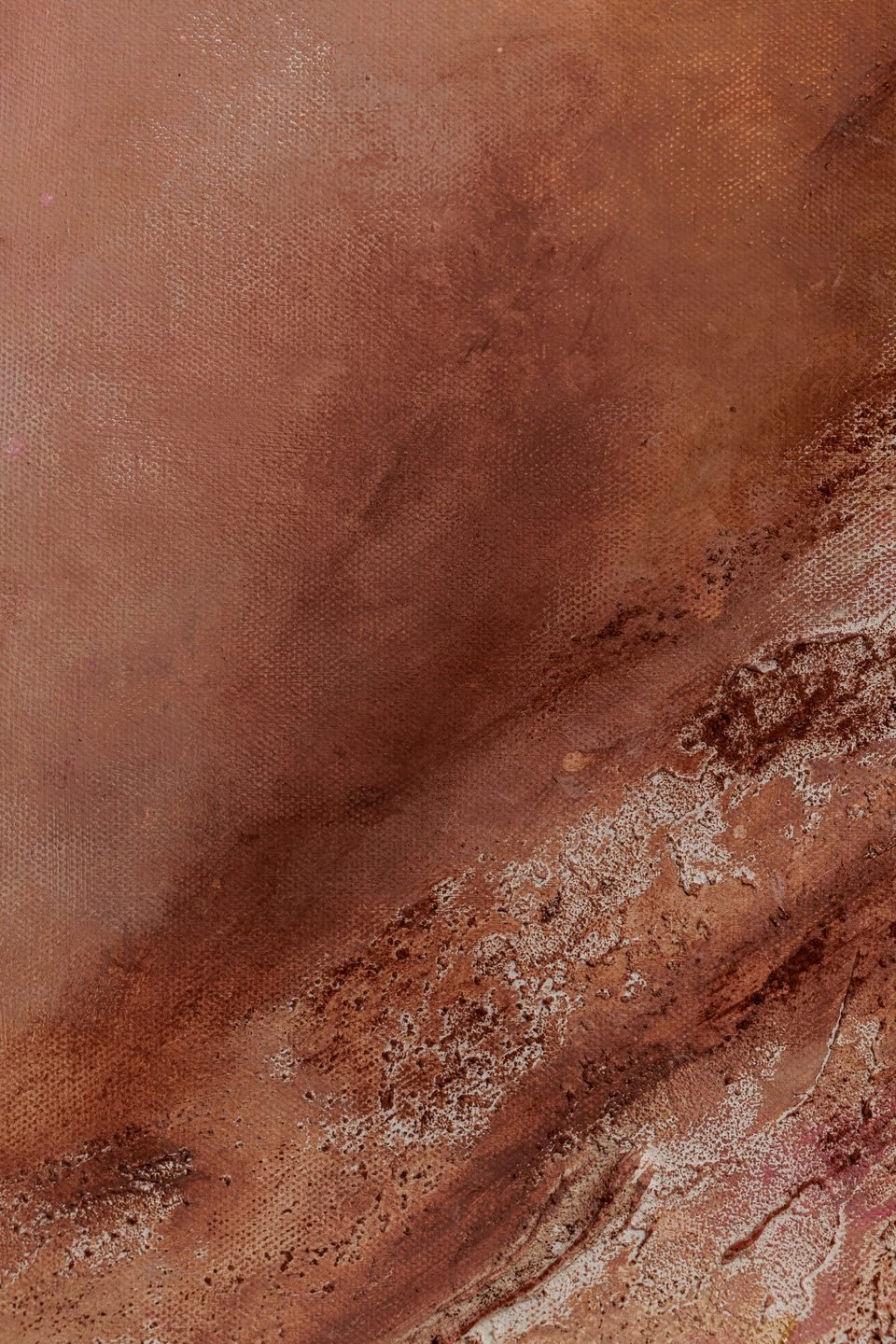 Gros plan sur la toile Camargue : une matière rose et cuivrée traversée d'une crête de blanc et d'or.