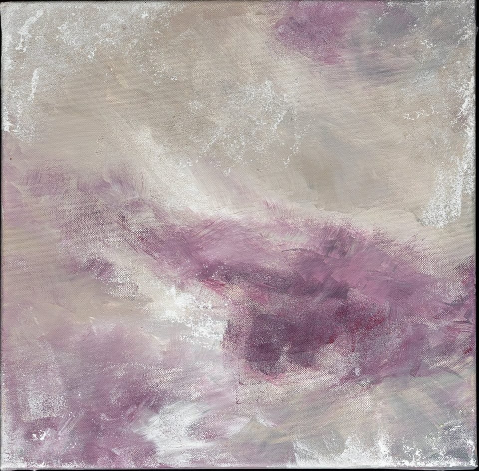 Couleur carmin — toile carrée blanc nacré, où un nuage de carmin et de mauve se diffuse en son centre.