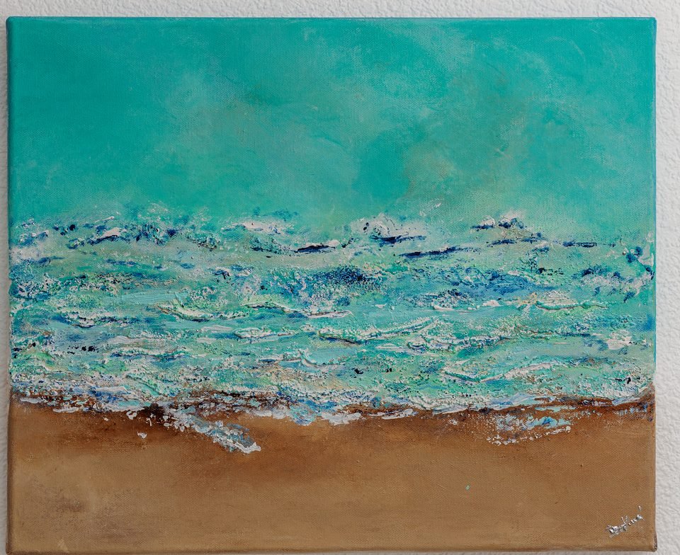 Mer du sud — toile horizontale : une mer turquoise, une ligne de vagues blanches en relief, puis une plage ocre.